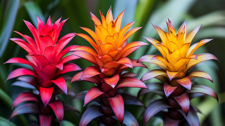 Three striking bromeliad flowers, each with a unique color gradient from deep red to bright yellow, showcase their layered petals and spiky leaves.の素材