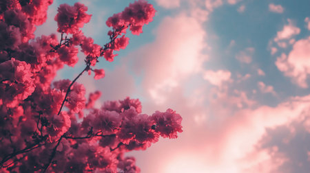 Lush clusters of vibrant pink cherry blossoms adorn delicate branches, set against a soft, pastel sky with wispy clouds.の素材