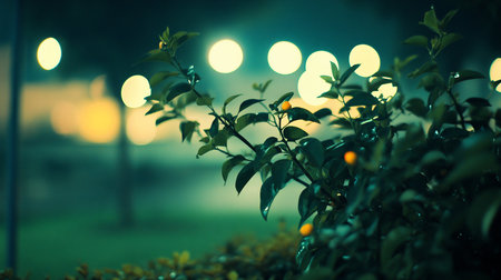 A close-up view of dark green leaves and branches, adorned with small, vibrant orange berries, set against a softly blurred background of bokeh lights.の素材