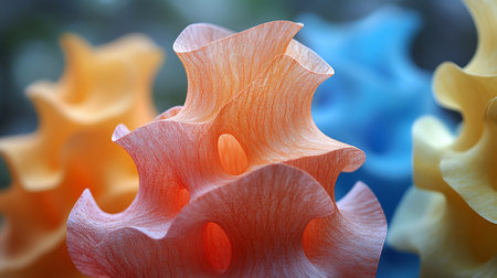 Close-up of an orange abstract porous structure featuring a textured surface and rounded openings, showcasing a unique and intricate design.の素材