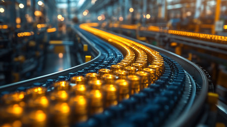 A continuous line of small, cylindrical containers with glowing golden bodies and dark caps moving along a curved, metallic industrial conveyor belt.の素材