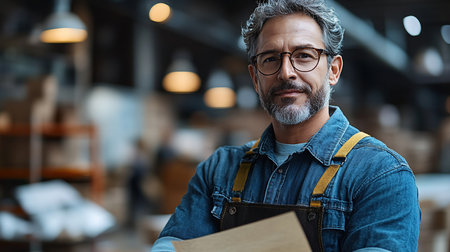 A middle-aged man with graying hair and beard, wearing glasses and denim overalls, holds a cardboard box with a confident expression.の素材