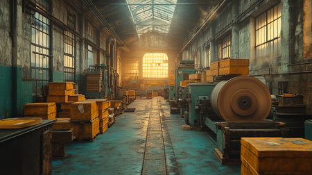 Spacious, aged factory interior featuring heavy green machinery, large material rolls, and stacks of yellow wooden crates. Grungy concrete walls and a teal floor are illuminated by warm sunlight.の素材