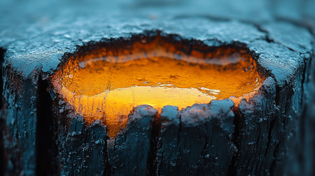 Close-up of a tree stump with a hollow filled with a bright, golden liquid, contrasting with the dark, textured wood.の素材