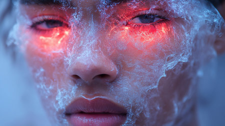Close-up of a human face with striking blue eyes and dark lashes. Skin covered in a delicate, intricate blue web-like texture, with a strong red glow around the eyes.の素材
