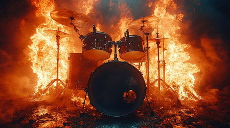A complete drum kit, featuring multiple drums and cymbals, engulfed in flames. The set is positioned centrally, showcasing its components.の素材