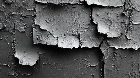Close-up of a heavily textured surface featuring layers of old, flaking, and cracked paint in varying shades of gray, creating a distressed pattern.の素材