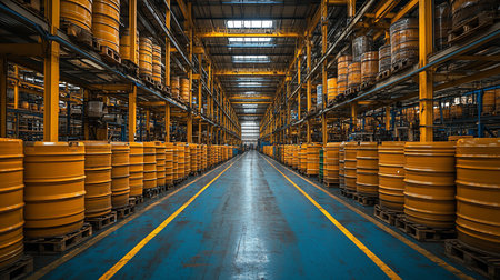 A long, symmetrical warehouse aisle with a blue floor and yellow lines, flanked by tall metal racks holding countless yellow industrial barrels on pallets.の素材