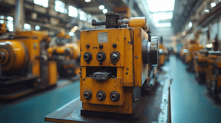 A close-up of a yellow industrial machine with a weathered, rusty appearance. Features include dials, knobs, and a metal component.の素材