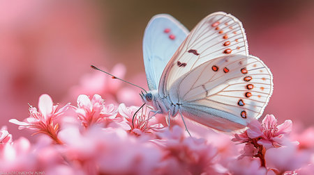 A delicate white butterfly with translucent, red-spotted wings and a fuzzy body, perched on a dense cluster of small pink blossoms.の素材
