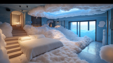 Detailed view of a whimsical bedroom interior. A white bed with soft bedding is surrounded by abundant fluffy white cloud material on the floor, walls, and ceiling.の素材