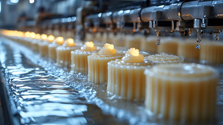 Rows of cylindrical, light yellow wax candles with decorative toppings are being cooled by water droplets from an automated system.の素材