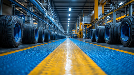 Black rubber tires with prominent, glossy blue rims. Each tire displays a distinct, deep tread pattern, showcasing durable automotive design.の素材