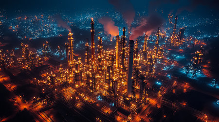 Aerial view of a sprawling oil refinery at night, featuring illuminated structures, tall smokestacks emitting plumes, and intricate network of pipes.の素材