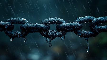 Detailed view of a heavy, dark metal chain with a coarse, textured surface. Glistening water droplets accumulate and drip from its links.の素材