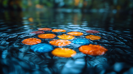 Colorful, flat, circular glass-like pebbles in orange, yellow, and blue tones rest on the surface of dark, undulating water, creating gentle ripples.の素材