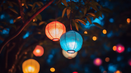 Two round paper lanterns, one orange and one blue, hanging with visible string, glowing with internal light.の素材