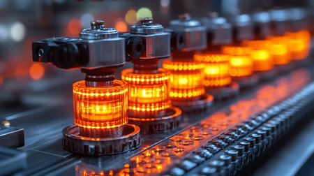 A row of industrial machinery components featuring cylindrical, glowing orange LED lights. The components are made of metal and plastic, with intricate details.の素材