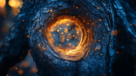 A close-up view of a dark blue, textured tree trunk featuring a round, glowing orange hole. Fiery sparks and bokeh lights float around the magical opening.の素材