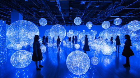 A captivating art exhibition features numerous large, luminous spheres emitting a bright blue light, with silhouetted figures observing the display.の素材