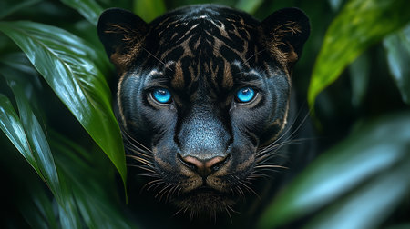 Close-up portrait of a black panther's face, featuring intense, luminous blue eyes and detailed fur texture, partially obscured by vibrant green leaves.の素材