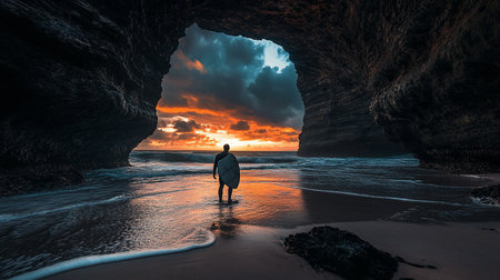 A solitary surfer stands in shallow water, holding a surfboard, facing a vibrant sunset viewed through a natural rock archway.の素材