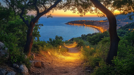 An inviting illuminated dirt path, framed by dark trees, descends towards a tranquil coastal bay. City lights glow brightly, reflecting on the calm water under a colorful twilight sky.の素材