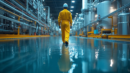 A person in a vibrant yellow protective coverall, white hard hat, and black gloves, walking away. The durable fabric suit covers the entire body.の素材