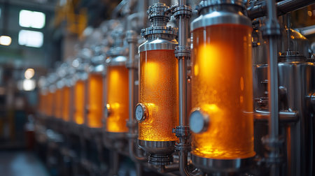 Row of industrial glass tanks filled with amber liquid, showing small bubbles and metallic fittings.の素材