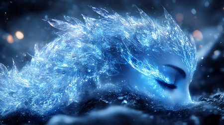 A serene face emerges from a swirling mass of icy blue crystals. The closed eyes are framed by delicate lashes, and the head is crowned with crystalline formations.の素材