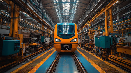 A vibrant orange and teal train front is positioned on tracks within a bustling industrial factory setting, showcasing intricate machinery and infrastructure.の素材