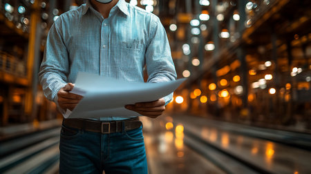 Man in blue checkered shirt and jeans, holding white papers, wearing a brown belt, in an industrial environment.の素材