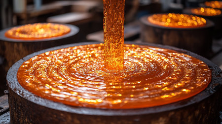 Viscous, glowing orange molten glass is being poured into a circular mold, creating swirling patterns and reflecting light intensely.の素材