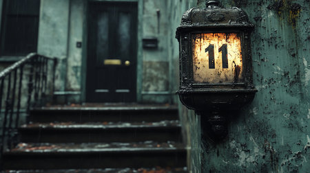 A weathered, antique lamp displaying the number 11, mounted on a heavily textured, peeling teal wall, with rain falling.の素材