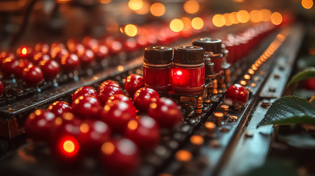 Rows of glossy red spheres and cylinders with black tops are arranged on a textured metallic surface, illuminated by soft bokeh lights.の素材