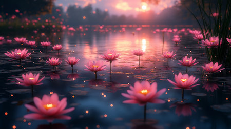 Numerous pink lotus flowers with yellow centers float serenely on the water's surface. The petals are open, and the stems are visible.の素材