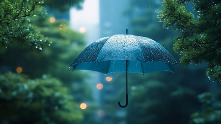 Open blue umbrella covered in raindrops, featuring a curved black handle, surrounded by blurred green foliage.の素材