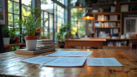 A small potted palm sits atop a stack of books, with printed papers spread across a rustic wooden table surface.の素材