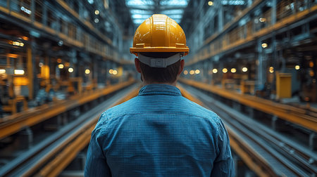 Back view of a person wearing a bright yellow hard hat with a white strap and a textured blue long-sleeved shirt, standing and looking forward.の素材