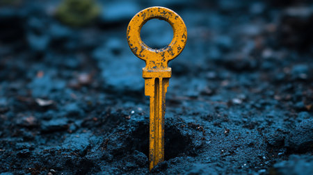 A weathered, bright yellow skeleton key with a circular bow stands vertically, embedded in dark, textured soil.の素材