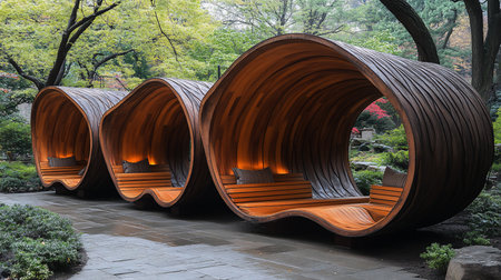 Three curved wooden pods, resembling hollowed logs, offer integrated seating and soft interior lighting, creating inviting outdoor resting spaces.の素材