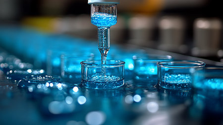 A close-up view of a laboratory setup shows a dispensing device pouring blue liquid into small glass beakers. The liquid is clear, and the beakers are partially filled.の素材