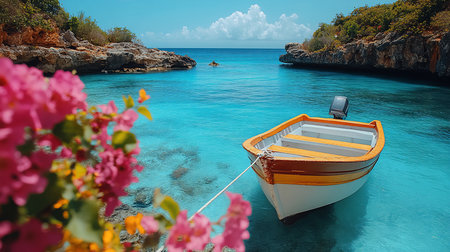 A small, traditional wooden boat with a white hull, orange-brown trim, and light wooden interior benches. Features a black outboard motor and a white mooring rope.の素材