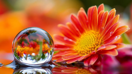 A clear, spherical water droplet reflecting a vibrant floral scene. The droplet sits on a reflective surface, showcasing the surrounding flowers.の素材
