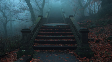 A weathered stone staircase ascends into a foggy forest, covered with fallen red and brown leaves. The stone is dark and aged.の素材