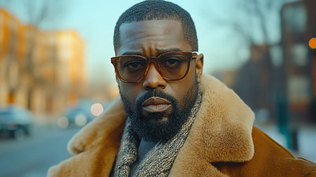 African American man with a thick beard, brown-tinted glasses, and a tan faux fur-lined coat, complemented by a textured knit scarf.の素材