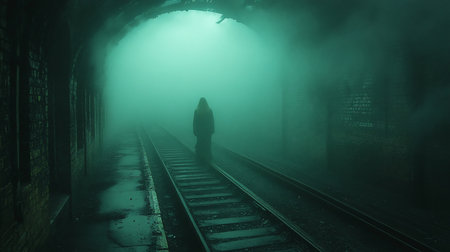 A lone person with long hair stands on railway tracks within a dark, foggy tunnel, bathed in an eerie green light.の素材
