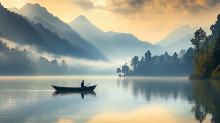 A lone person in a small wooden boat, silhouetted against a misty mountain landscape and a golden sky, rowing peacefully.の素材
