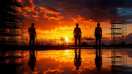 Three construction workers silhouetted against a vibrant sunset, wearing safety vests and hard hats, standing on a reflective surface.の素材