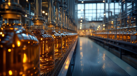 Clear glass bottles, each filled with a glowing golden amber liquid, stand in a precise row, reflecting bright light on their surfaces.の素材